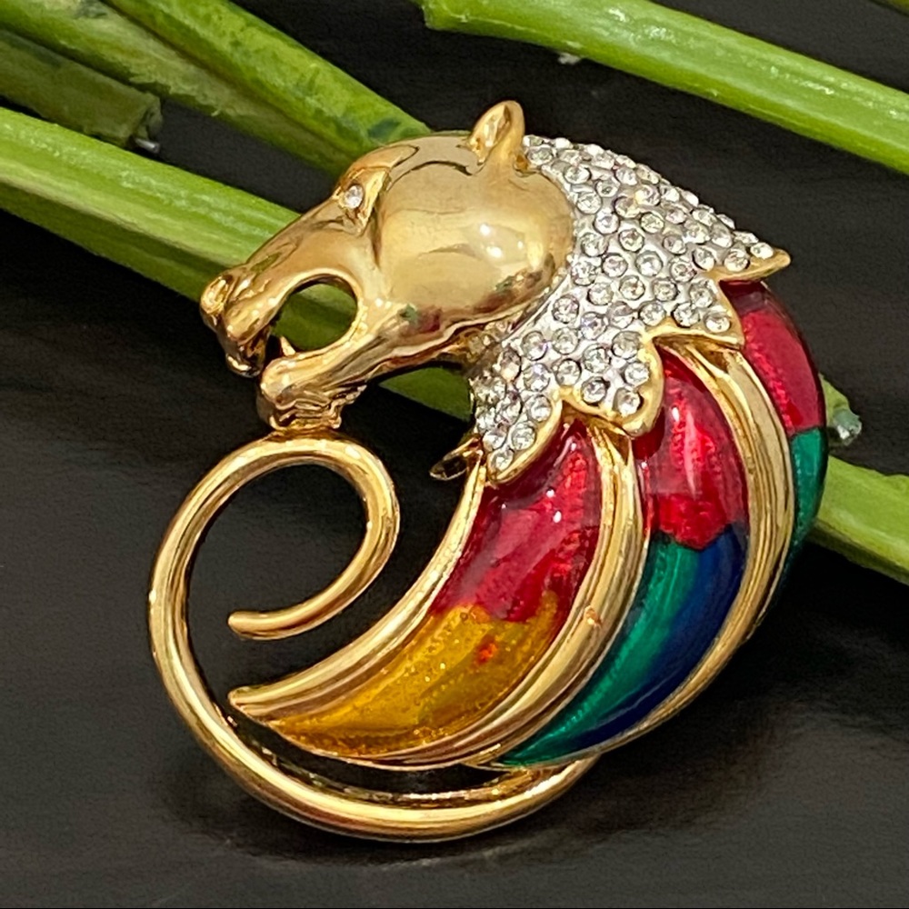 Vintage Enameled Colorful Lion Head Brooch New (Old Stock)